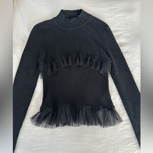 Chic Black Ruffled Long Sleeve Top